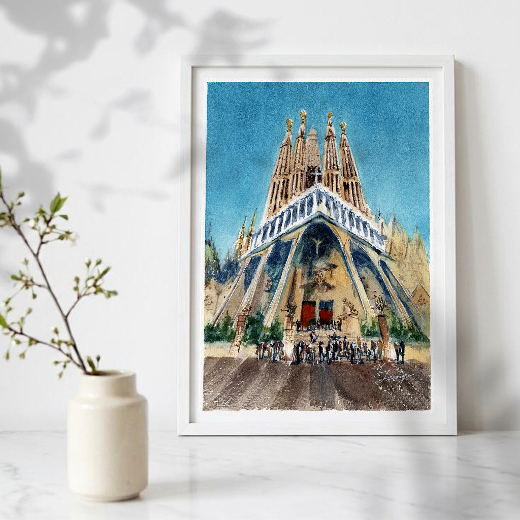Barcelona Sagrada Familia Painting Watercolor Art Print | 5x7