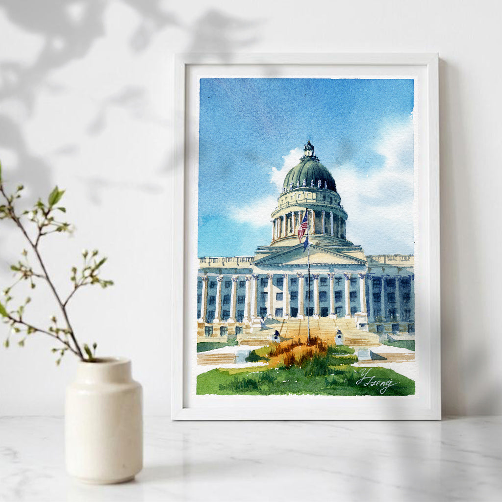 Utah Capitol Painting Watercolor Art Print | 5x7