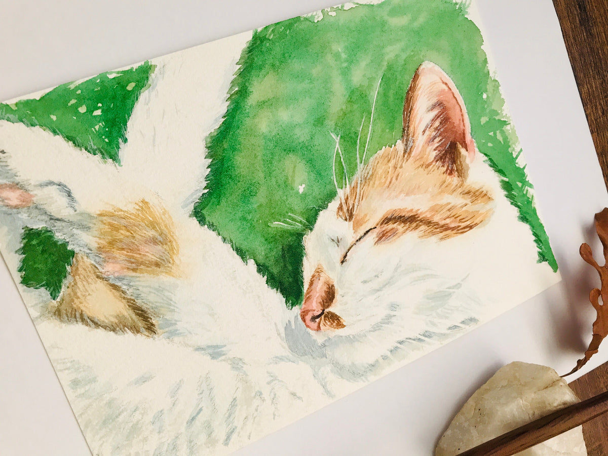 A watercolor painting of a sleeping white and orange cat on a white sheet of paper, styled on a wooden surface with a stone and dried leaves.