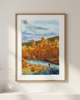 Riverbank golden trees Art Print | 5x7
